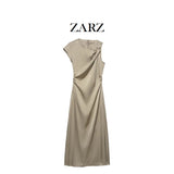 Homemade New Women's Classic Folded Decorative Silk-Sense Dress