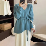 Toloer Goods V-Neck Belt Long Sheep Velvet Women Autumn And Winter Loose Knitted Wool Inside The Bottom