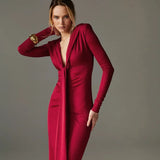Pleated Tassel Long Sleeve Maxi Dress-Outfit