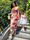 Red Rose Print Satin Midi Dress-Outfit