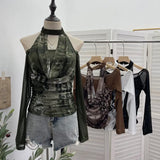 Hottie Hanging Neck A Word Shoulder Collar Long Sleeve Mesh Yarn T-Shirt