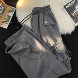 Baggy Punk Cargo Pants Women Vintage Streetwear Pocket Drawstring Trousers BF High Waist Korean Joggers Wide Leg Pants-Outfit