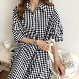 Plaid Shirt Women 2025 Spring And Summer Short-Sleeved Cotton Linen Super Long Over Knee Loose Ocean Gas
