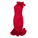 Half-High Collar Lotus Leaf-Side Dress Sided Shoulder Lotus Hem Banquet Evening Dress