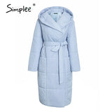 Simplee Casual light blue autumn winter women long parkas Warm hooded long sleeve female jacket High street Down Jackets