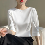 Toloer Summer Female New Round Collar Temperament Loose Short Pearl Sleeve Decoration Simple And Versatile T-Shirt-Outfit