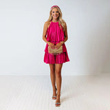 Summer New Pleated Neck Dress INS Fashion Leisure Back Branch Multi-Layer Dress-Outfit