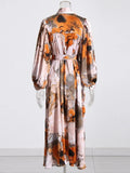 Loose Elegant Dresses For Women Bow Collar Long Sleeve High Waist Folds Print Hit Color Temperament Dress Female