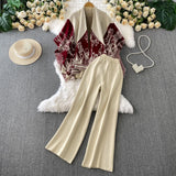 Temperament Bottom Half-High Collar Sweater + Printed Knitted Shawl Jacket + High Waist Lanky Trousers Three-Piece