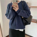 Version Qiu Dong New Style Languid Lazy Wind Pure Color Pullover Sweater Female Bottom Unlined Upper Garment Loose Round Collar Restore Ancient Ways Sweater Female-Outfit