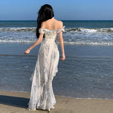 Toloer Seaside Vacation Wind Beach Sling Skirt Gauze French Flounce