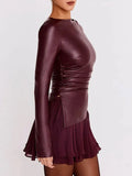 Faux Leather Long Sleeve Ruched Top-Outfit