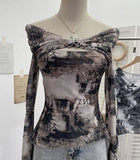 Shooting Strapped With Hollow Retro Print Long-Sleeved Mesh T-Shirt Ribbon Design Spring And Summer Top