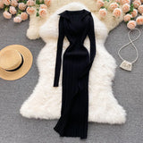 Women Korean Knitted Dress Long Sleeve V Neck Elastic Slim Pencil Dresses 2022 Autumn Sexy Bodycon Split Sweater