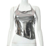 Toloer Women's Wear Spring / Summer 2024 New Hanging Neck Band Exposed Back Irregular Vest T-Shirt Top Women-Outfit