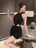 Woman Dress Sleeveless Halter Velvet Patchwork Mesh Hollow Out Slim Stretch Backless Party Dresses Elegant Female-Outfit