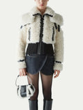 Toloer Autumn / Winter New Niche Fashion Design Sense Pu Skin Splicing Short Lamb Wool Jacket Fashion Coat Female-Outfit