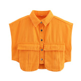 Women's Dress 2025 Solid Color Big Pocket Sleeveless High-End Feel Cardigan Polo Collar Denim Shirt Top