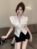 Sleeveless Shirts Women French Style Chic Elegant Turn Down Collar Split Summer Fashion Blouse Sexy Ladies Crop Tops-Outfit