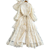Stand-Up Single Buckle Heavy Industry Hook Flower Embroidery Lantern Sleeve With A Long Dress With A Big