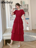 New Summer Temperament All-match O-neck short sleeve Dress waist slim multi-layer Ruffles cake