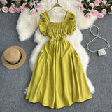Toloer Vacation Wind French Retro Square Collar Waist Dress Female Summer Design Sense Bubble Short Sleeve Fairy