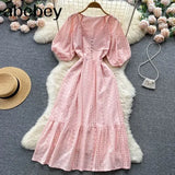 Summer White/Green/Pink New Lace Embroidery Dress Women Puff Sleeve Dresses Female Vintage Party Beach Maxi Long