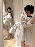 Shirts Women Elegant Off Shoulder Satin Bandage Stand Collar Long Sleeve Hollow Out Loose Blouse Female Casual Sexy Tops-Outfit