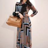 Print Long Dress Women Elegant Single-breasted A-line Female Dresses Slim Waist Swing Ankle-length Vestidos femme