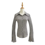Trendy Women's Horn Long-Sleeved Forked Shirt Summer New Pure Lust Hot Girl Tight Waist Plaid Blouse-Outfit