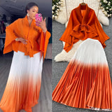 Wrinkled Butterfly Sleeve Gradient With Shawl Short Coat Top + Gradient 100 Folded Skirt Two-Piece
