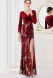 Winter Elegant Velvet With Sequins Deep V Neck Long Sleeve Slit Cocktail Eevening