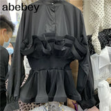 Ruffle Ruched Shirt For Women Stand Collar Lantern Sleeve Sashes Casual Blouse Female Fashion Tide