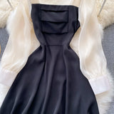 Women Elegant French Dress Long Sleeve Square Collar Solid A-line Dresses 2022 Autumn Fashion Streetwear Midi