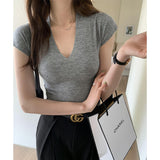 Version Of Ins Grey Slim V-Collar Short-Sleeved T-Shirt Women's Spring And Summer New Casual Fashion Blouse-Outfit
