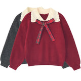 Female Sweater Christmas Red Bow Sweater Pullover Doll Lapel Sweet Loose Lazy Retro New Year Red Women Sweater Top Autumn