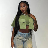 Women's Summer New Fashion Wear Round Neck Short Sleeves Pocket Ultra-Short T-Shirt