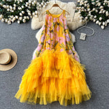 Retro Court Style Design With A Sense Of Fashion Print Splicing Mesh Tau Pong Irregular Lotus Leaf-Side Dress