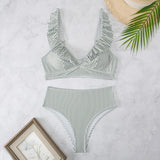 Toloer New Swimsuit Striped High Waist V-Neck Flounce Bikini Swimsuit Ladies