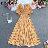 dot holiday casual wide leg jumpsuits V Neck Puff Sleeve Waist Elastic Rompers loose beach long