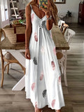 Toloer And Summer New Sleeveless Slim Feather Print Low Breast V Collar Sling Large Hem Skirt Women's Dress-Outfit