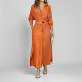 Toloer 2024 New Temperament Female Commuter Belt Solid Color Waist Long Sleeve Irregular Shirt Dress