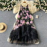 Retro Court Style Design With A Sense Of Fashion Print Splicing Mesh Tau Pong Irregular Lotus Leaf-Side Dress