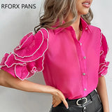 Women Solid Turn Down Neck Ruffle Decor Beading Half Long Sleeves Working Blouses Tops-Outfit
