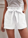 2025 Summer Women's Loose Flax Leisure Shorts Pocket Solid Colored High-Rise Broad