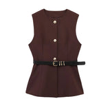 2025 New Women's Round-Neck With Sleeveless Belt Vest Women's