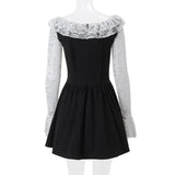 Black Lace Flare Long Sleeve Mini Dress-Outfit