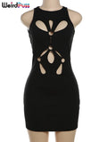 Hollow Flower Dress Sexy Chic Circle Devise Summer Trend Skinny Elastic Stretch Sleeveless Peach Hip Bodycon Clubwear-Outfit