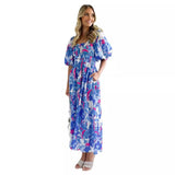 Women's Hot Dress 2026 Summer Temperament Square Collar Print Bubble Sleeve Long Dress