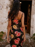 Women's Floral See-through Sleeveless Summer Spaghetti Strap Backless Party Dress Beach Streetwear Cover-up Sundress-Outfit